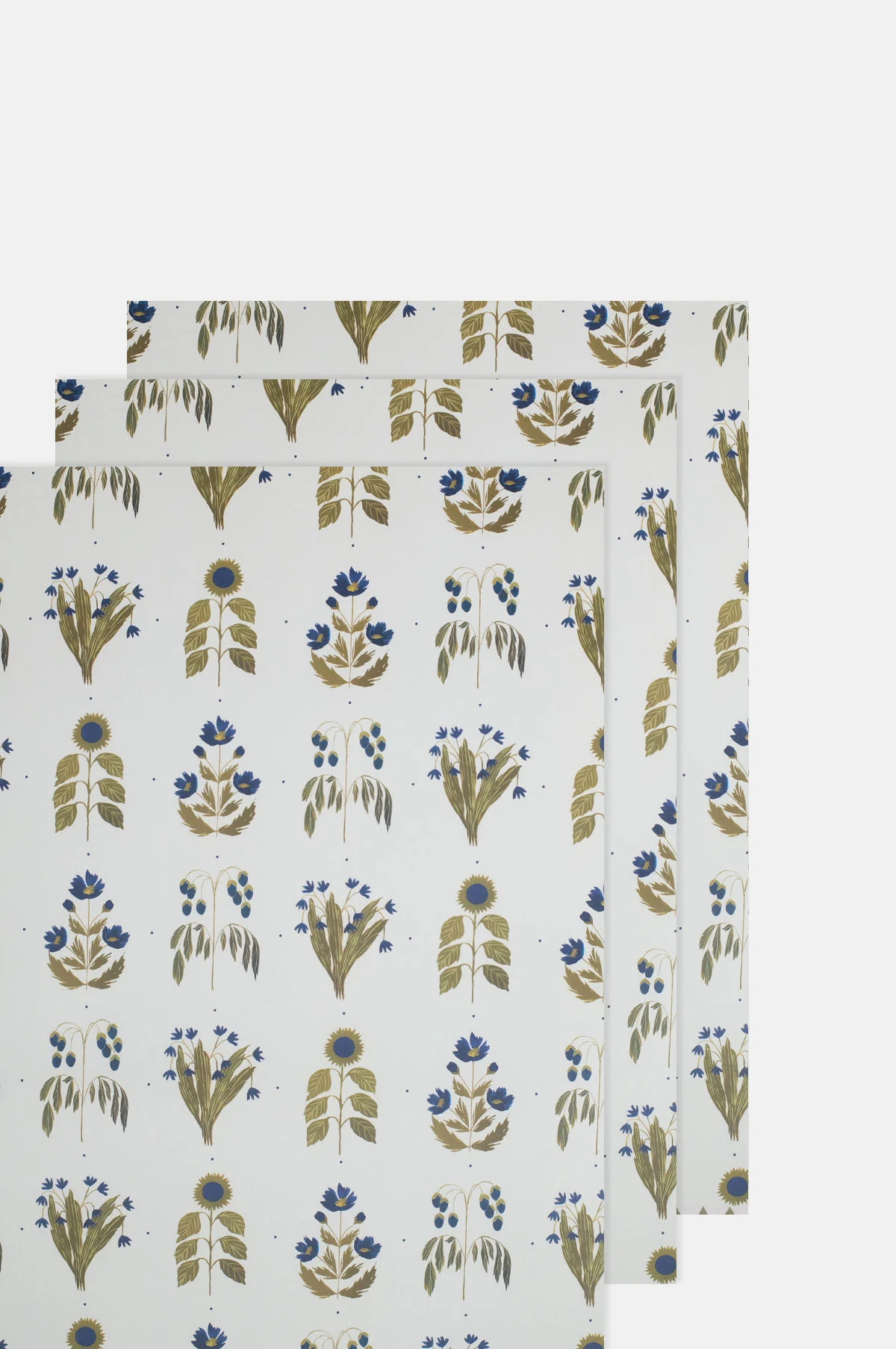 Four Floral Blue Botanical Wrapping Paper Set of 3 Sheets