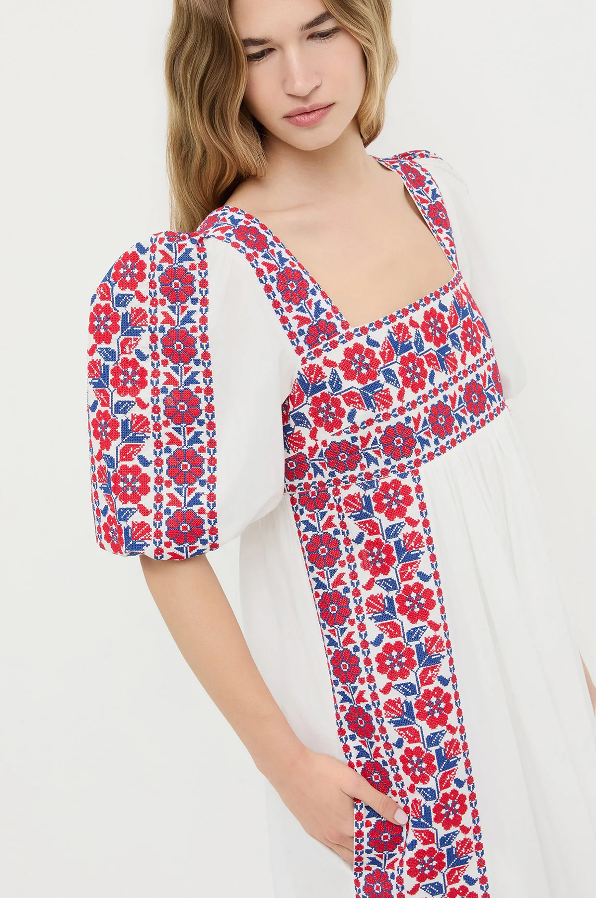 Lotus Embroidered Babydoll Dress Cream/Red/Blue - Image 3
