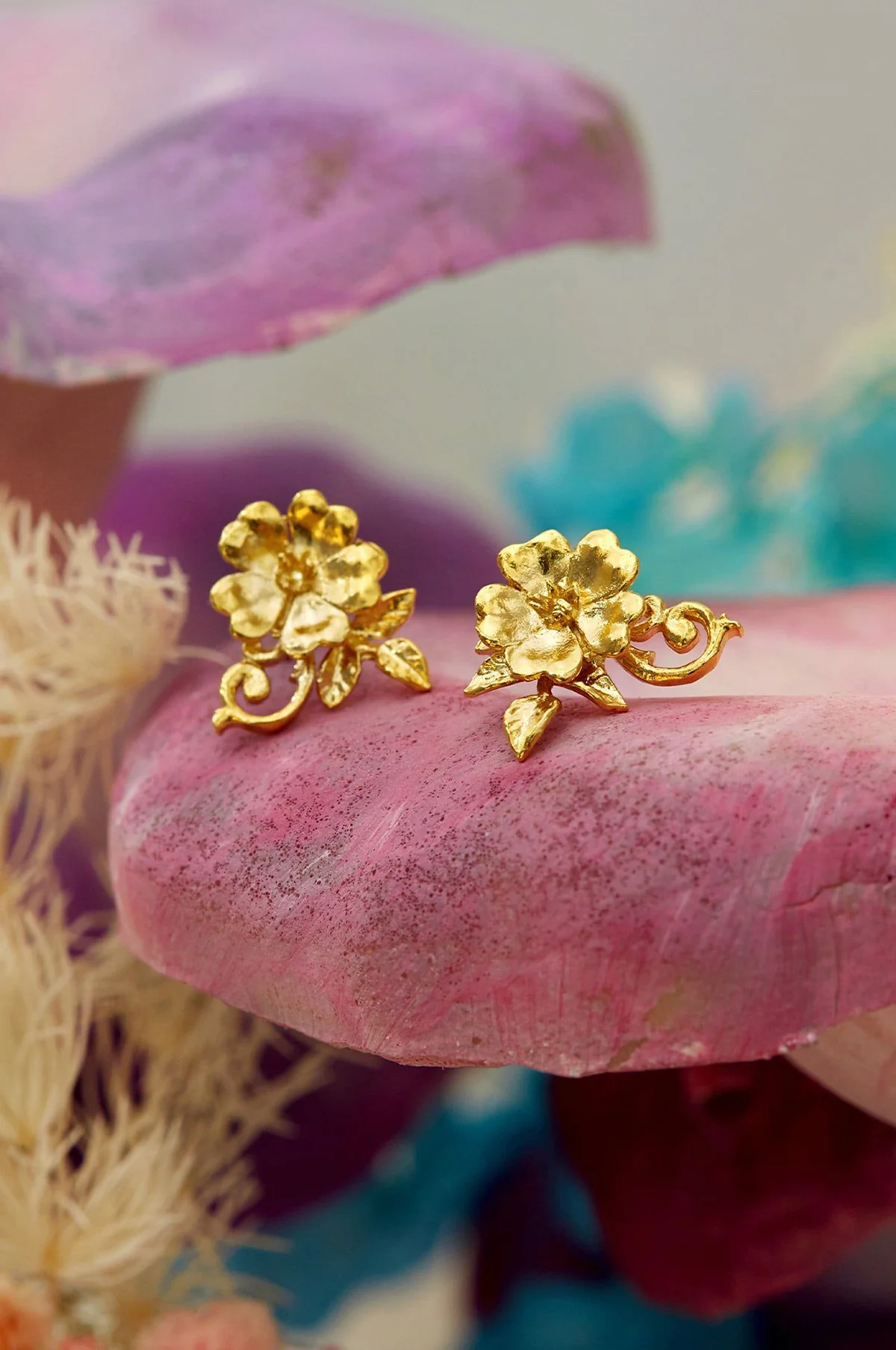 Ornate Rose Stud Earrings Gold - Image 3