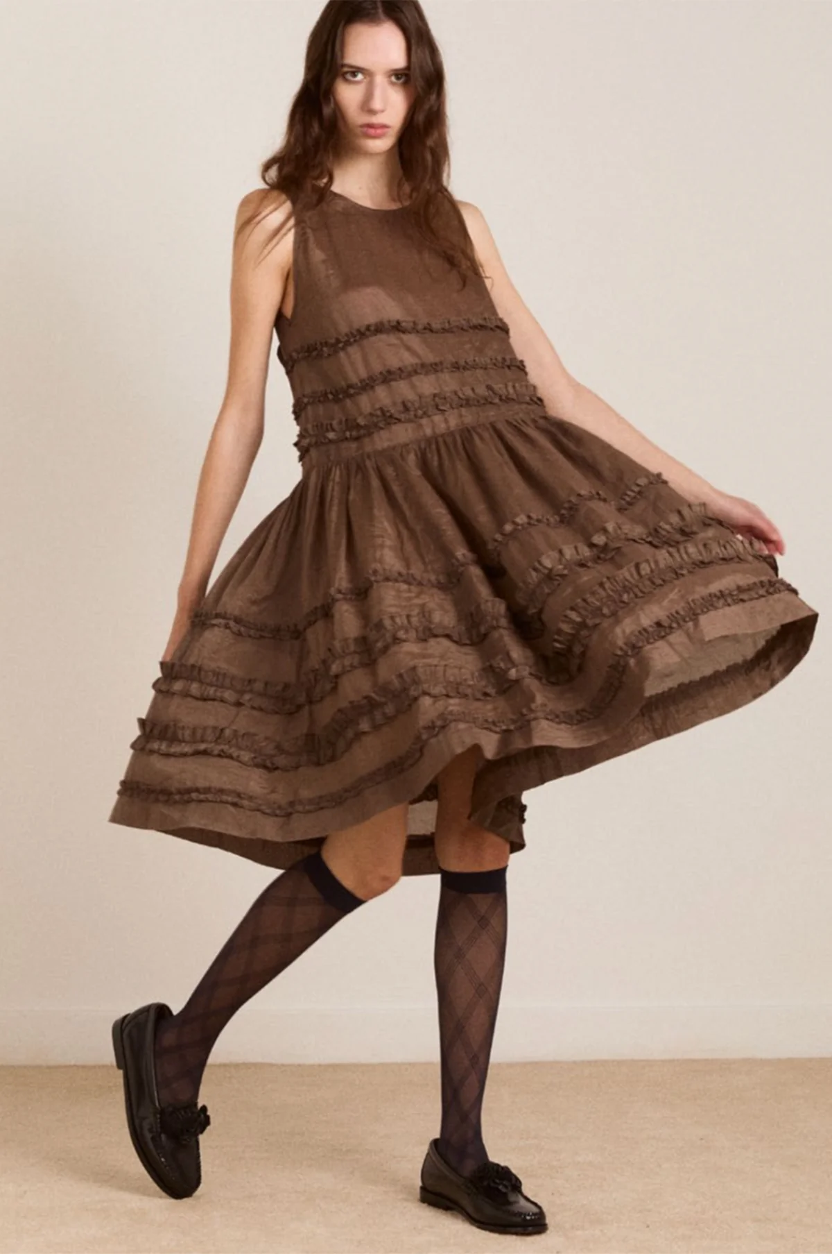Reed Drop Waist Ruffle Midi Dress Sheer Choc - Image 7