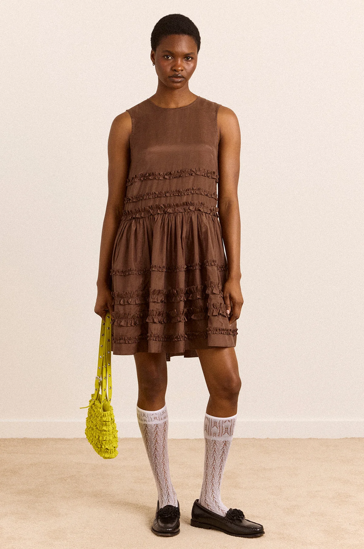 Reed Drop Waist Ruffle Midi Dress Sheer Choc - Image 9
